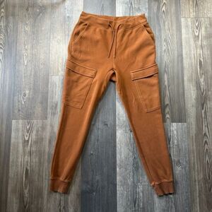 Mens Cargo Jogger Sweatpants Small Rust Orange Tapered Streetwear Lounge